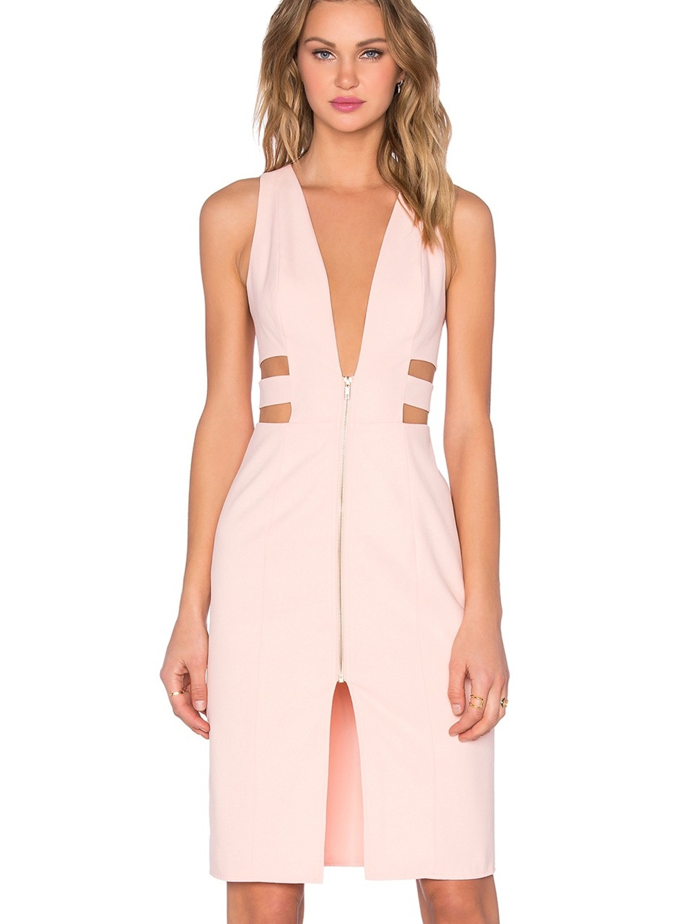 NBD Blush Pink Deep V Midi Dress with Front Zipper